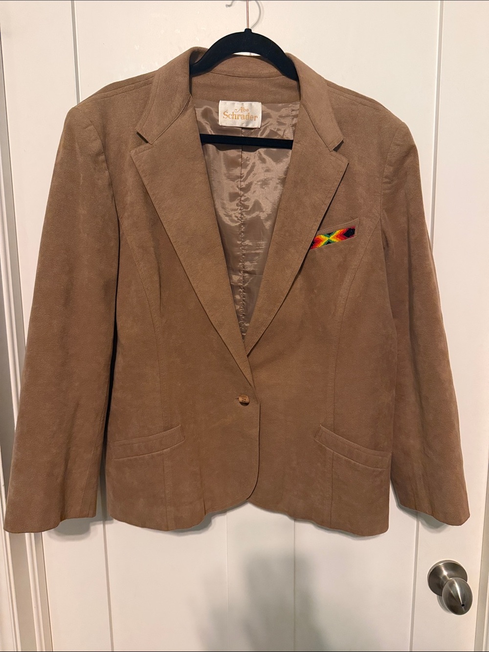 Vintage 70s Union Made Women's Tan Faux Suede Blazer Jacket Southwest Beading